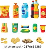 A collection of flat vector various kinds of snacks and drinks