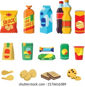 A collection of flat vector various kinds of snacks and drinks