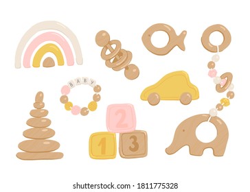 Collection of flat vector wooden toys for babies and toddlers. Cartoon simple style pastel colorful images of child elephant, car, rattles, pacifiers, rainbows and sorters. Montessori accessories