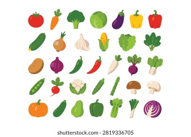 Collection of flat vegetable vector icons featuring fresh garden vegetables, leafy greens, root vegetables, legumes, mushrooms, and culinary ingredients in a colorful minimalist illustration style. Includes tomato, carrot, broccoli, cabbage, eggplant, bell peppers, cucumber, onion, garlic, corn, lettuce, spinach, potato, chili peppers, daikon radish, beetroot, bok choy, peas, cauliflower, okra, asparagus, mushrooms, pumpkin, zucchini, chayote squash, celery, leek, and red cabbage. Editable vector illustrations isolated on a white background, ideal for grocery stores, farmers markets, healthy eating, recipe books, educational materials, restaurant menus, food packaging, mobile apps, web design, and graphic design projects.
