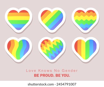 Collection of flat vibrant striped rainbow heart stickers on beige background. Cute heart labels, badges with LGBT rainbow flag symbolizing love, acceptance, diversity. Pride month event
