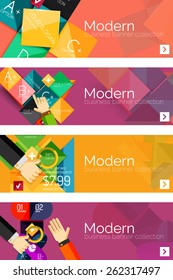 Collection of flat web infographic concepts and banners, various universal set. Paper graphics with gestures, data presentation