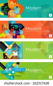 Collection of flat web infographic concepts and banners, various universal set. Paper graphics with gestures, data presentation