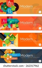 Collection of flat web infographic concepts and banners, various universal set. Paper graphics with gestures, data presentation