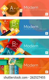 Collection of flat web infographic concepts and banners, various universal set. Paper graphics with gestures, data presentation