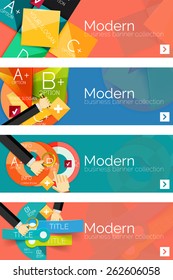 Collection of flat web infographic concepts and banners, various universal set. Paper graphics with gestures, data presentation