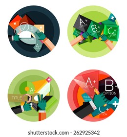 Collection of flat web infographic concepts and banners, various universal set. Paper graphics with gestures, data presentation