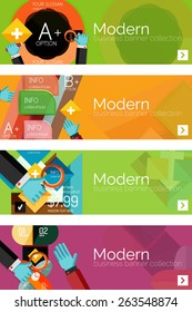Collection of flat web infographic concepts and banners, various universal set. Paper graphics with gestures, data presentation