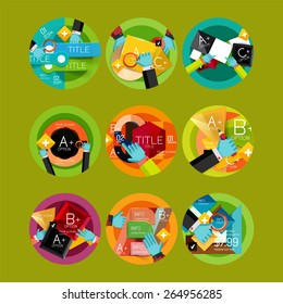 Collection of flat web infographic concepts and banners, various universal set. Paper graphics with gestures, data presentation