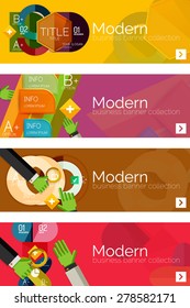 Collection of flat web infographic concepts and banners, various universal set. Paper graphics with gestures, data presentation