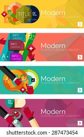 Collection of flat web infographic concepts and banners, various universal set. Paper graphics with gestures, data presentation