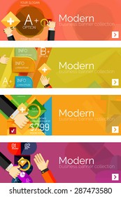 Collection of flat web infographic concepts and banners, various universal set. Paper graphics with gestures, data presentation