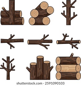 A collection of flat-designed wooden logs and branches, displaying different shapes and sizes, evoking a rustic and natural atmosphere.