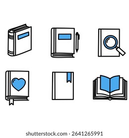 collection of flat-style book icons featuring different book types and elements like bookmarks, magnifying glass, and heart symbols. Ideal for school materials, digital libraries, educational websites