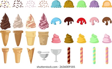 A collection of flat-style ice cream elements including soft serve, scoops, cones, syrup drips, sprinkles, cups, and candy sticks. 