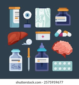 A collection of flat-style medical icons, including pills, 
first aid kit, a brain, a liver, and medical equipment, on a dark blue background