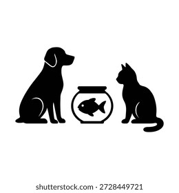 A collection of flat-style pet icons including canine, feline, and aquatic elements. Clean graphic design suitable for web icons, logos, or pet care service marketing materials.
