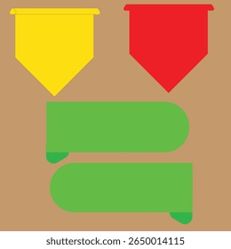 Una colección de etiquetas de Vector de estilo plano e insignias de cinta en colores rojo brillante, amarillo y verde. Estos Elementos son perfectos para interfaces de Web, etiquetas de venta, infografías, 