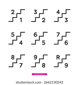 Una colección de iconos de piso por capa. Iconos de la escalera, una colección de la línea negra del piso por los iconos de la capa contra un fondo blanco.