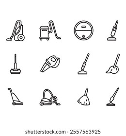 Collection of floor cleaning tools icons. Thin line vector. Contains icons such as vacuum cleaner, floor broom, mop.