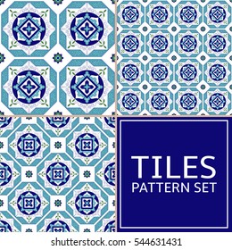 Collection of floor tile pattern vector seamless. Azulejo portuguese tiles, spanish, moroccan, mexican talavera, italian majolica, greek or arabic tiled design.