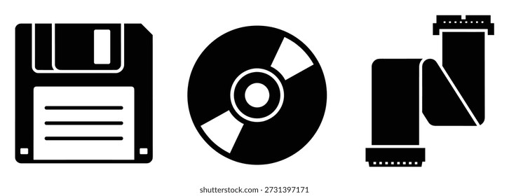 Collection of floppy disk, compact disc and connector vector icons. Old and new media storage. Simple style. Isolated.
