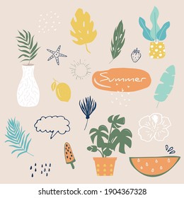 Colección de forma floral y abstracta, pegatina, elemento de diseño, planta, hojas, dibujado a mano en estilo doodle moderno. Ilustraciones vectoriales para papel, cubierta, tela, decoración interior. los elementos están aislados