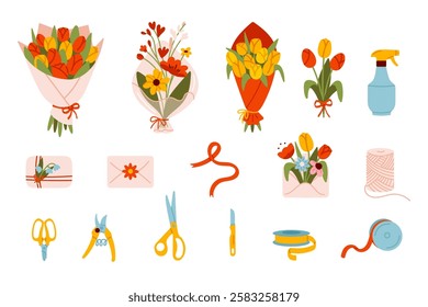 Collection of floral arrangement tools and bouquets, including scissors, ribbons, and gift cards. Perfect for florists and flower shop illustrations