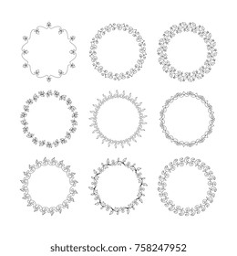 Collection floral black line empty circle frame for invitation, romantic message, anniversary, announsement. Round framework floral set.