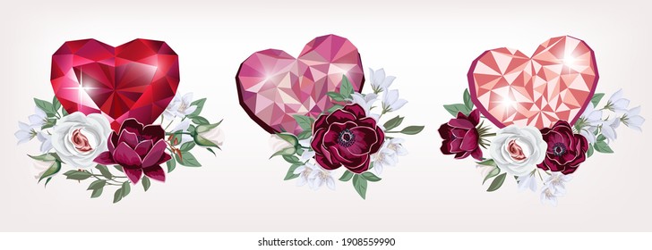 Collection of  floral borders and compositions with brilliant hearts and wedding flowers. Template for Invitation or greeting card