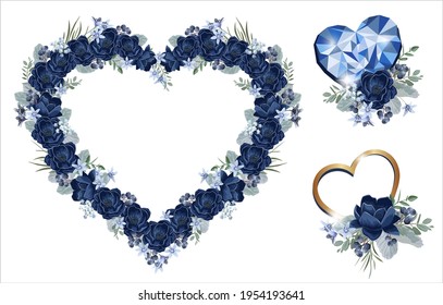  Collection of  floral borders and compositions with gold and diamond hearts and wedding flowers. Template for Invitation or greeting card. Blue anemones