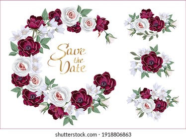 Collection of  floral borders and compositions with wedding flowers. Template for Invitation or greeting card