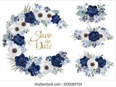 Collection Of  Floral Borders And Compositions With Wedding Flowers. Blue And White Anemones. Template For Invitation Or Greeting Card