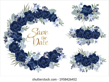  Collection of  floral borders and compositions with wedding flowers. Blue anemones. Template for Invitation or greeting card