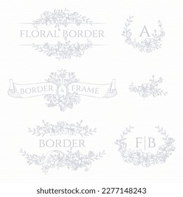 Collection of floral borders. Hand drawn monogram wreaths.