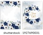 Collection of  floral borders. Template for Invitation or greeting card with wedding flowers and light marble. Dark blue and white anemones