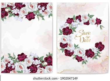 Colección de bordes florales. Plantilla para la invitación o tarjeta de saludo con flores de boda y mármol rosa