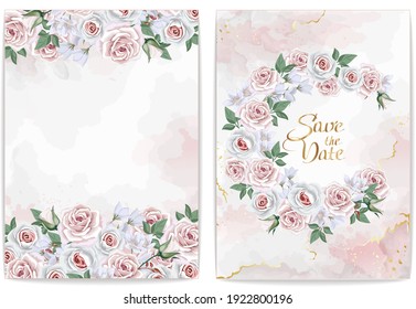 Collection of  floral borders. Template for Invitation or greeting card with wedding flowers and rose marble