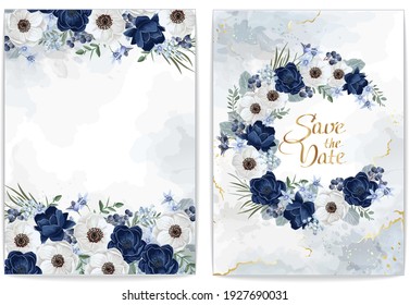 Collection of  floral borders. Template for Invitation or greeting card with wedding flowers and light marble. Dark blue and white anemones