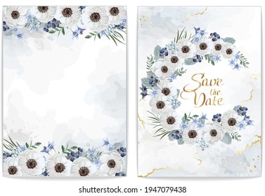 Collection of  floral borders.  Template for Invitation or greeting card with wedding flowers and light marble. White anemones.