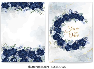  Collection of  floral borders.  Template for Invitation or greeting card with wedding flowers and light marble. Blue anemones