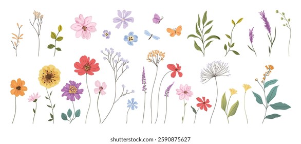 Collection of floral and botanical elements. Set of leaf, foliage wildflowers, plants, bloom, leaves and herb. Hand drawn of blossom spring season vectors for decor, website, wedding card and shop.