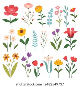 Collection of floral and botanical elements vector. Set of leaf, foliage wildflowers, plants, bloom, leaves and herb. Hand drawn of blossom spring season vector for decor, website, graphic and shop.