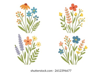 A collection of floral bouquets with flat designs on a white background, featuring various colored wildflowers, is presented as vector botanical elements