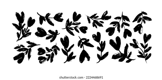 Collection with floral branches with heart blooms. Brush drawn vector botanical elements isolated on white background. Children style floral stems for love holidays or weddings. Hand drawn silhouettes