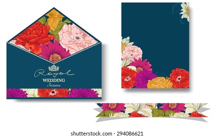 Collection of Floral Card, Envelope and border With hand-drawn different Flowers. Colorful design