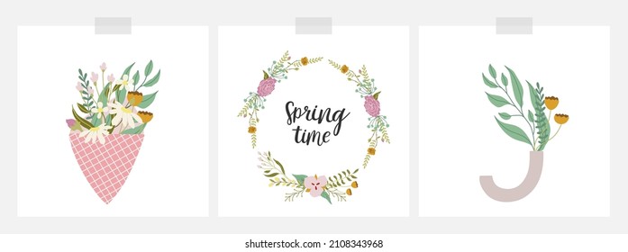 Collection of floral cards with hand drawn illustrations - in vase, in paper bouquet, floral frame with calligraphy. Pretty vector decorations. Isolated on white.
