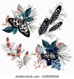 Collection of floral compositions with butterflies, flowers and feathers