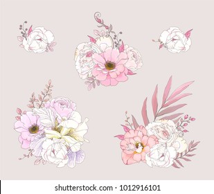 Collection of floral decorations in rustic style with Roses, Fleur de lis and leaves. Vector nature illustration. 