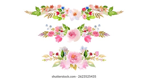 Collection of floral decorative elements in watercolour style in vector. Floral frames, dividers.